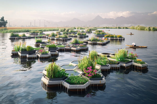 ứng dụng ý tưởng vườn nổi cho nông nghiệp - minh họa dự án Floating garden agriculture modular  - trồng cây và trang trí cảnh quang