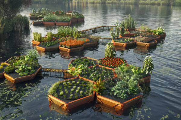 ứng dụng ý tưởng vườn nổi cho nông nghiệp - minh họa dự án Floating garden agriculture modular - trồng rau và quả ngắn ngày