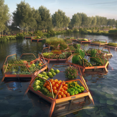 ứng dụng ý tưởng vườn nổi cho nông nghiệp - minh họa dự án Floating garden agriculture modular  - trồng rau và quả ngắn ngày