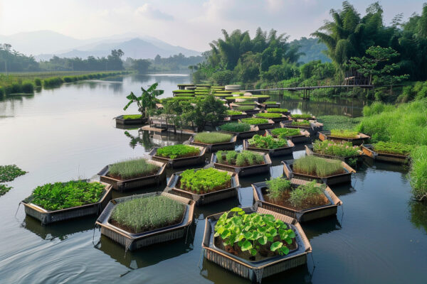 ứng dụng ý tưởng vườn nổi cho nông nghiệp - minh họa dự án Floating garden agriculture modular  - trồng cây và trang trí cảnh quang