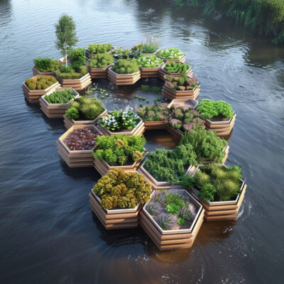 ứng dụng ý tưởng vườn nổi cho nông nghiệp - minh họa dự án Floating garden agriculture modular  - trồng cây và trang trí cảnh quang