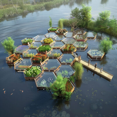 ứng dụng ý tưởng vườn nổi cho nông nghiệp - minh họa dự án Floating garden agriculture modular  - trồng cây và trang trí cảnh quang và công viên nổi