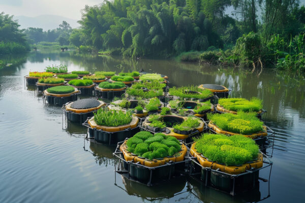 ứng dụng ý tưởng vườn nổi cho nông nghiệp - minh họa dự án Floating garden agriculture modular  - trồng cây và trang trí cảnh quang và công viên nổi