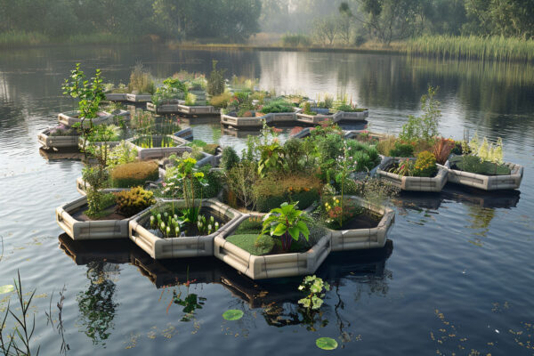 ứng dụng ý tưởng vườn nổi cho nông nghiệp - minh họa dự án Floating garden agriculture modular - trồng cây và trang trí cảnh quang và công viên nổi