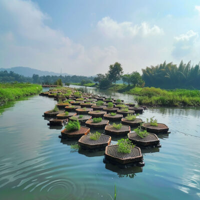 ứng dụng ý tưởng vườn nổi cho nông nghiệp - minh họa dự án Floating garden agriculture modular  - trồng cây và trang trí cảnh quang và công viên nổi