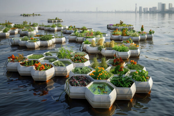 ứng dụng ý tưởng vườn nổi cho nông nghiệp - minh họa dự án Floating garden agriculture modular  - trồng cây và trang trí cảnh quang và công viên nổi hoặc hộ gia đình